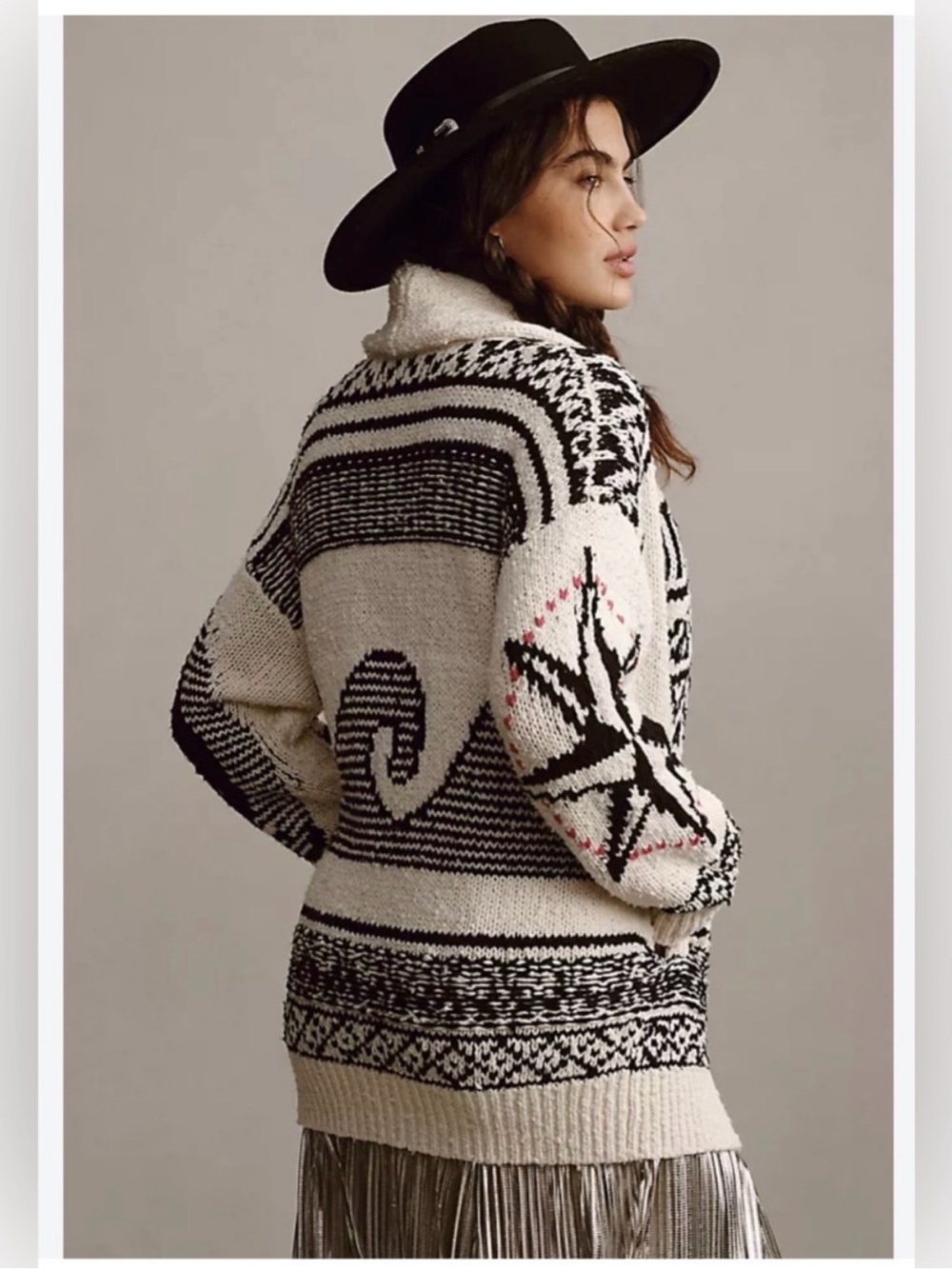 Anthropologie Pilcro Cream and Black Wave Geometric Open-Front Cardigan